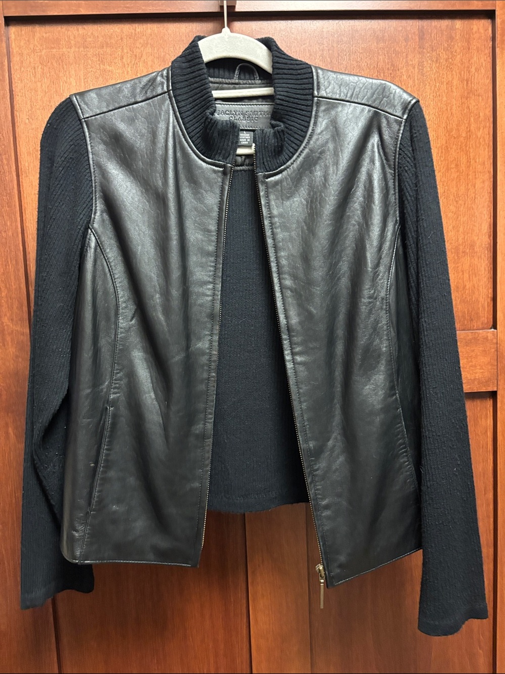 Jaclyn Smith Black Leather Front Knit Sleeve Jacket